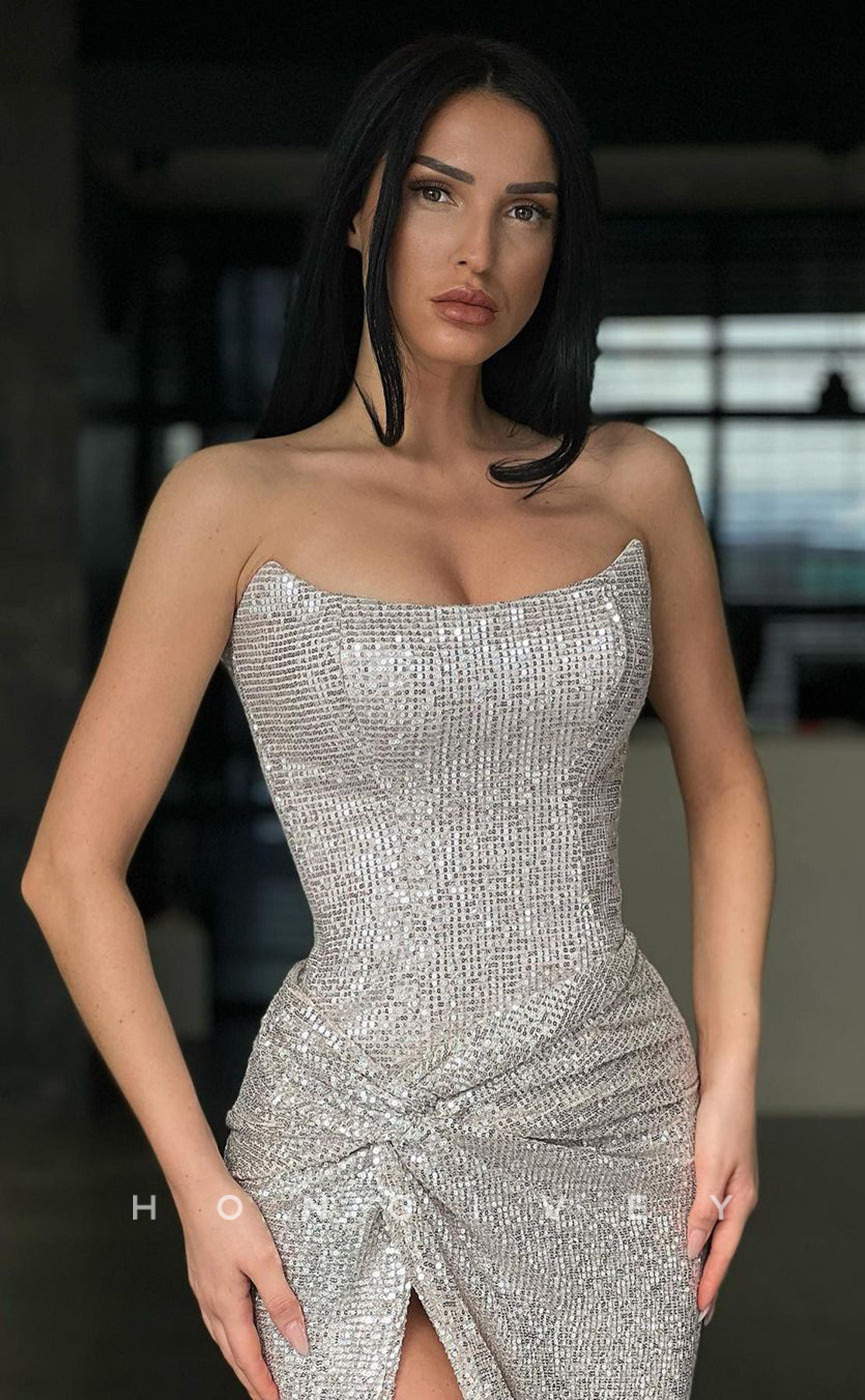 L1191 - Strapless Ruched With Train And Slit Party Prom Evening Formal Dress - Fashionpara