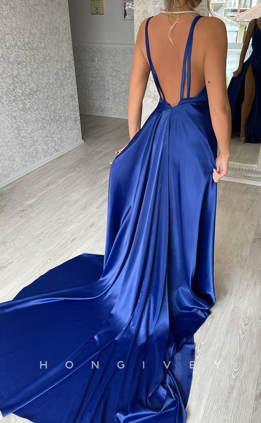 L1205 - Crystal Beaded Ruched With Train And Slit Evening Formal Party Prom Dress - Fashionpara