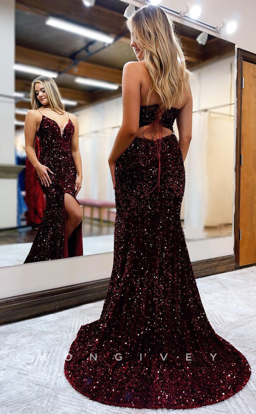 L1207 - Fully Sequined Plunging Illusion Lace-Up Back With Train And Slit Formal Party Prom Evening Dress - Fashionpara