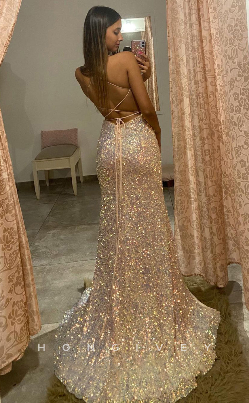 L1213 - Fully Sequined Plunging Illusion Lace-Up Back With Train And Slit Party Prom Formal Evening Dress - Fashionpara