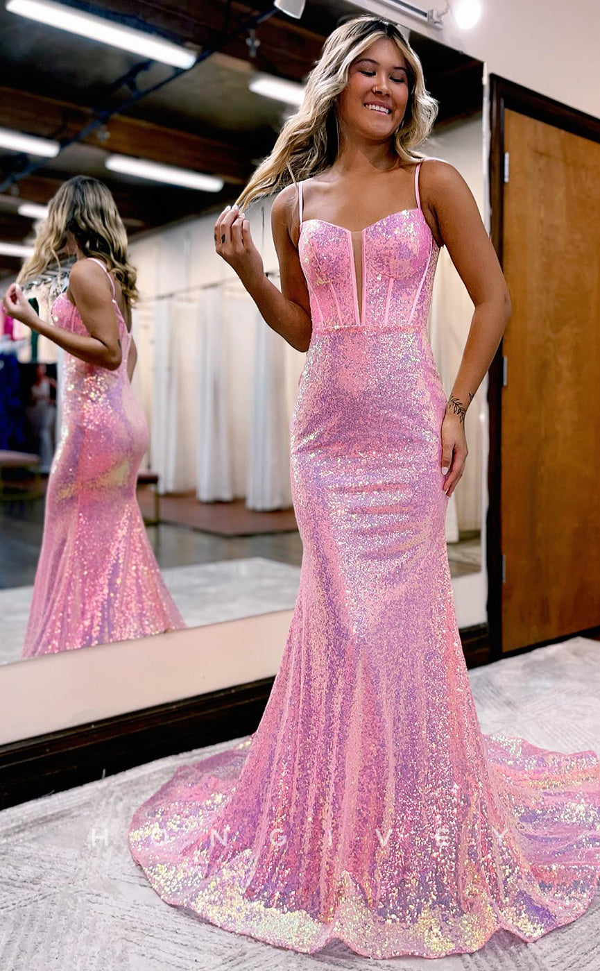L1219 - Sparkly Fully Sequined Plunging Illusion With Train Prom Party Formal Evening Dress - Fashionpara
