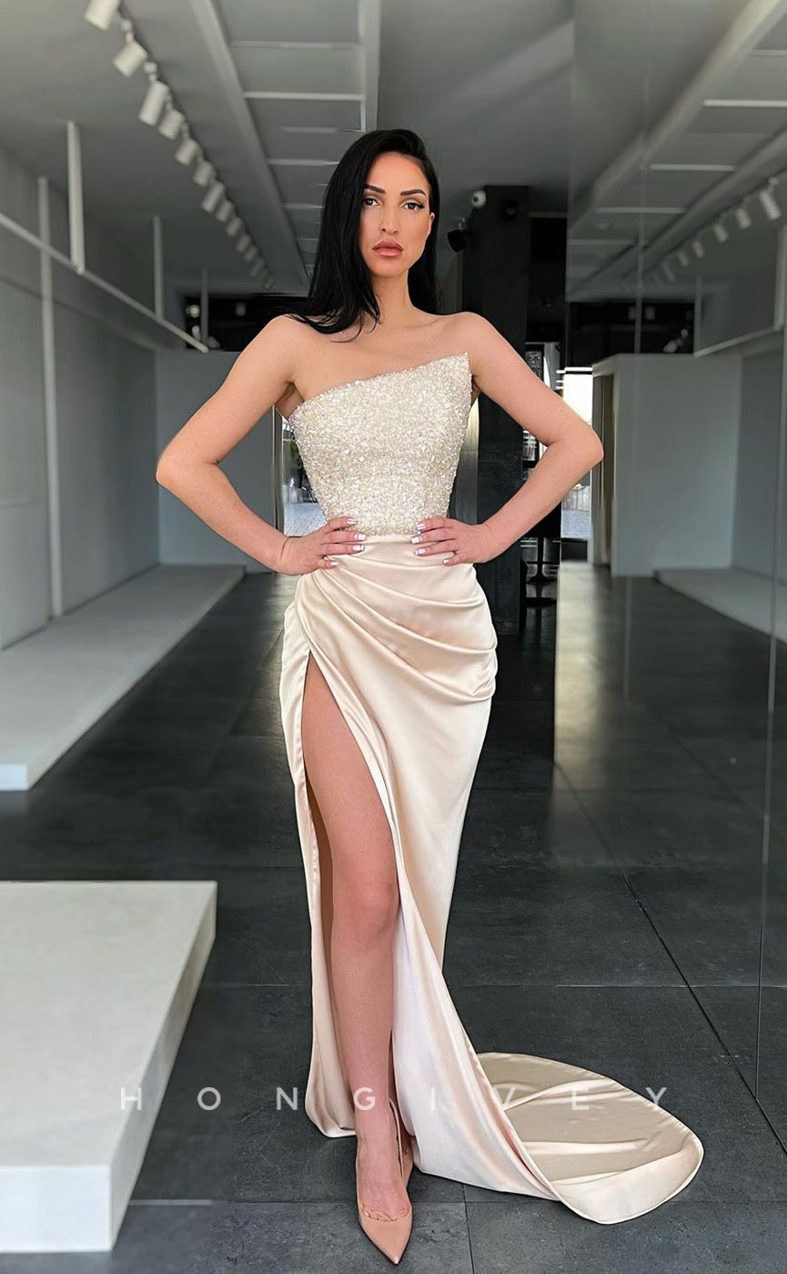 L1226 - Sequined Embellished Strapless With Train And Slit Prom Party Formal Evening Dress - Fashionpara