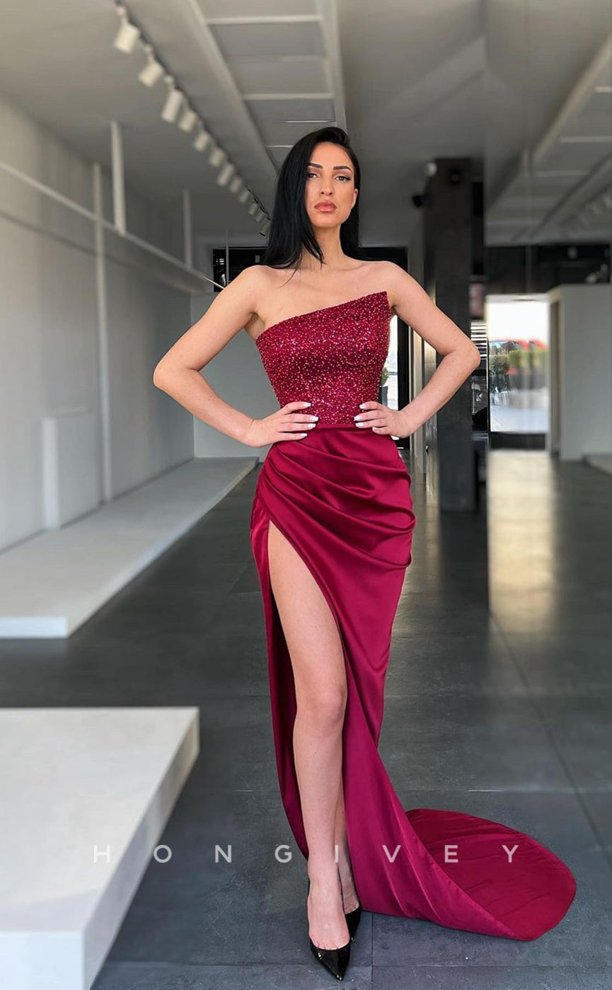 L1226 - Sequined Embellished Strapless With Train And Slit Prom Party Formal Evening Dress - Fashionpara