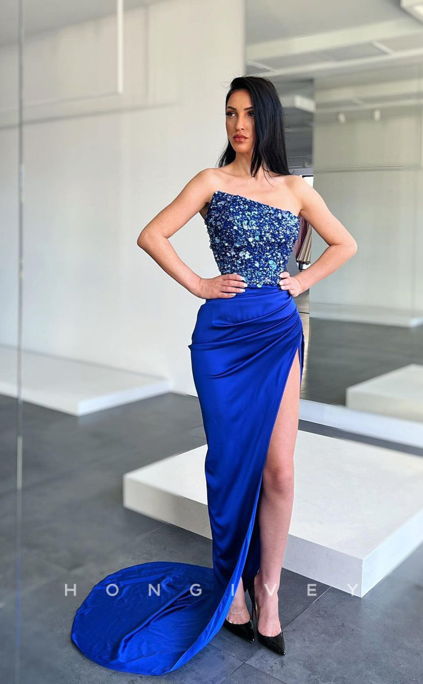 L1226 - Sequined Embellished Strapless With Train And Slit Prom Party Formal Evening Dress - Fashionpara