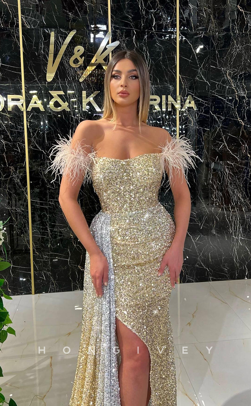 L1230 - Fully Sequined Feathered With Train And Slit Formal Evening Prom Party Dress - Fashionpara