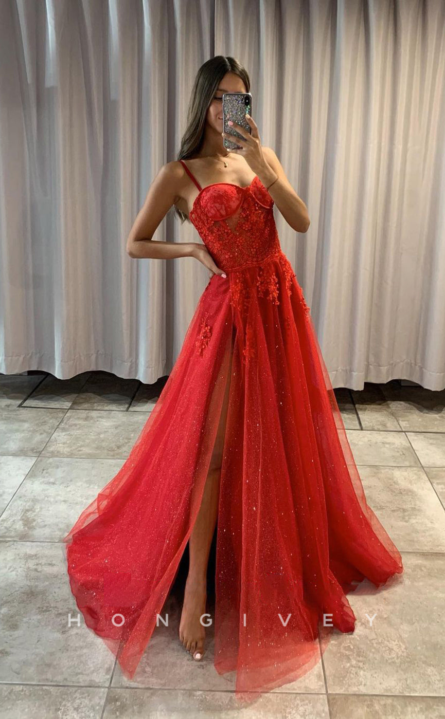 L1231 - Glitter Illusion Floral Lace Embroidered With Train And Slit Formal Evening Prom Party Dress - Fashionpara
