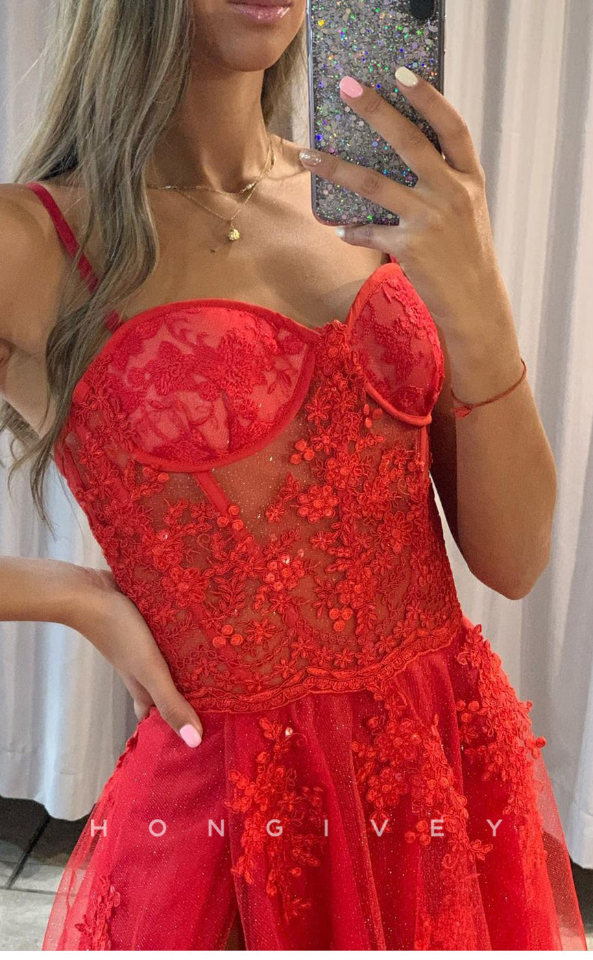 L1231 - Glitter Illusion Floral Lace Embroidered With Train And Slit Formal Evening Prom Party Dress - Fashionpara