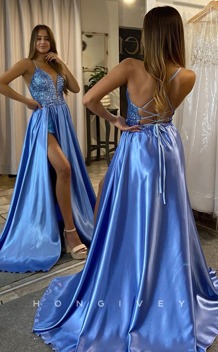 L1232 - Sequined Plunging Illusion Two Piece Overskirt With Train And Slit Formal Evening Prom Party Dress - Fashionpara