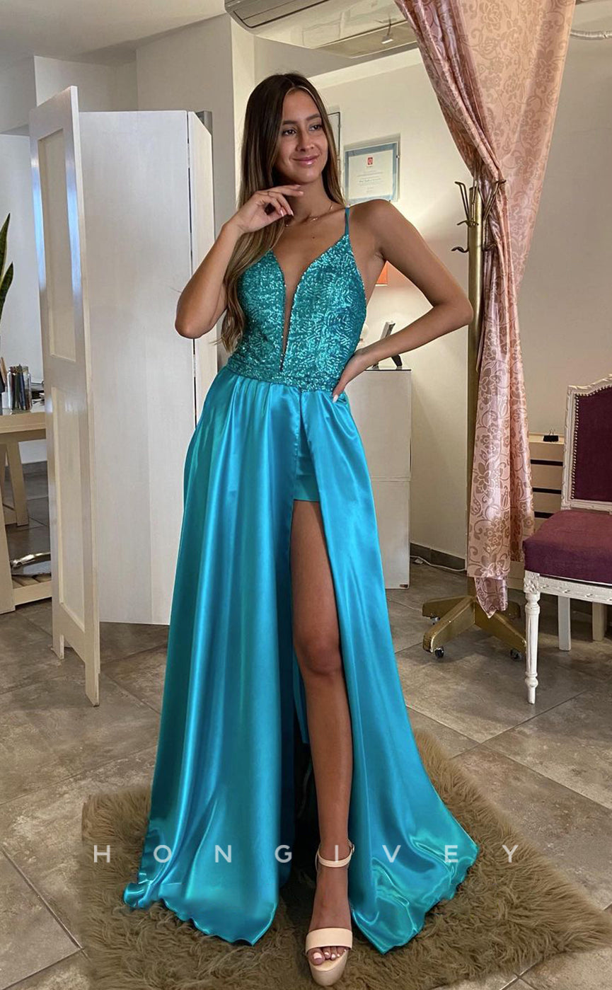 L1232 - Sequined Plunging Illusion Two Piece Overskirt With Train And Slit Formal Evening Prom Party Dress - Fashionpara