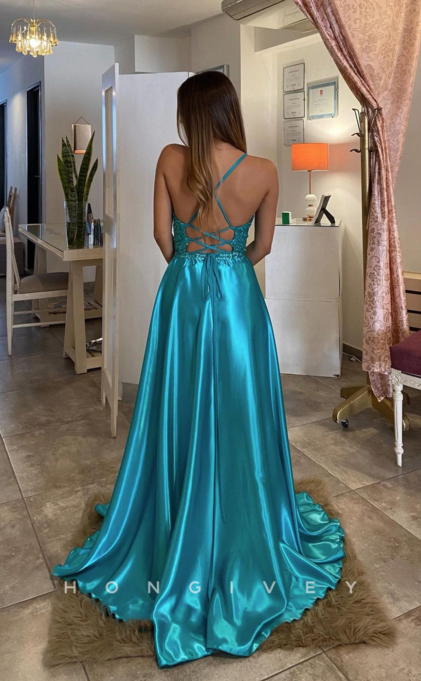 L1232 - Sequined Plunging Illusion Two Piece Overskirt With Train And Slit Formal Evening Prom Party Dress - Fashionpara