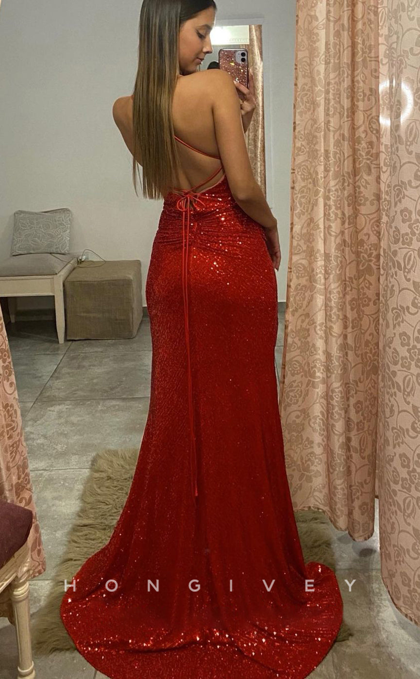 L1234 - Fully Sequined Lace-Up Back With Train And Slit Evening Prom Party Formal Dress - Fashionpara