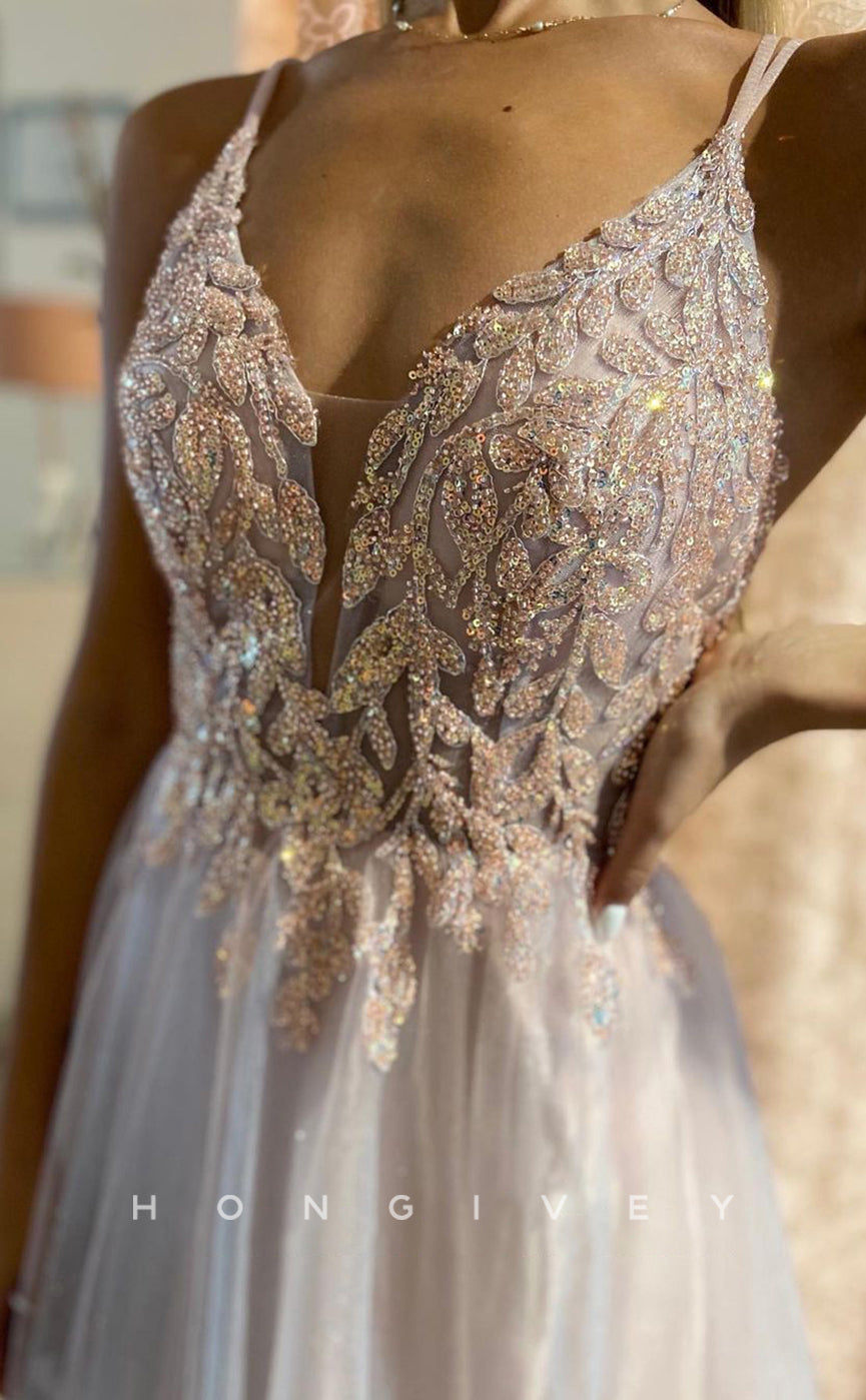 L1235 - Sparkly Sequined Embellished Plunging Illusion With Train Evening Prom Party Formal Dress - Fashionpara