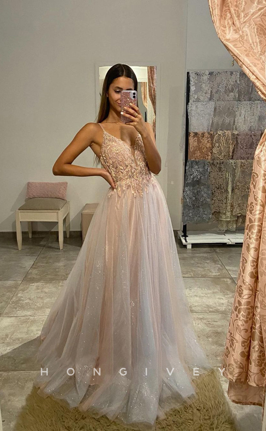 L1235 - Sparkly Sequined Embellished Plunging Illusion With Train Evening Prom Party Formal Dress - Fashionpara
