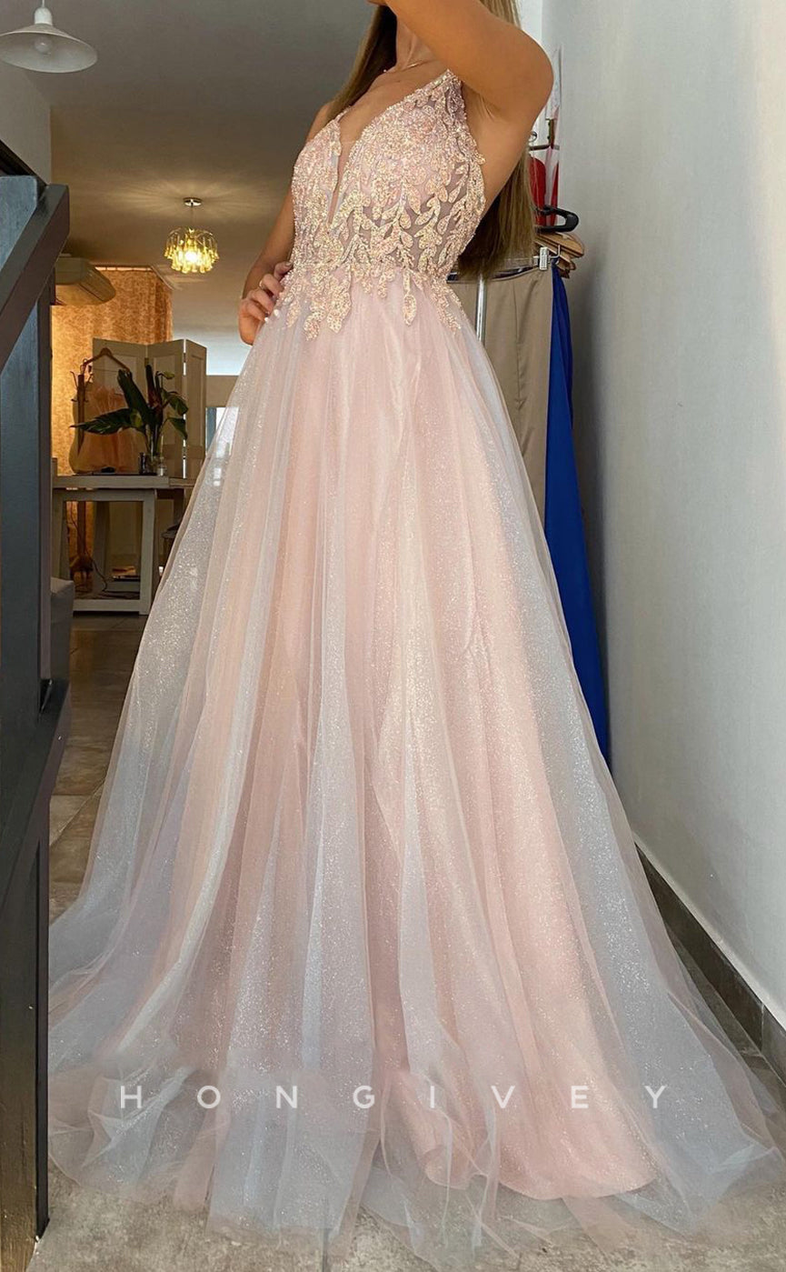 L1235 - Sparkly Sequined Embellished Plunging Illusion With Train Evening Prom Party Formal Dress - Fashionpara