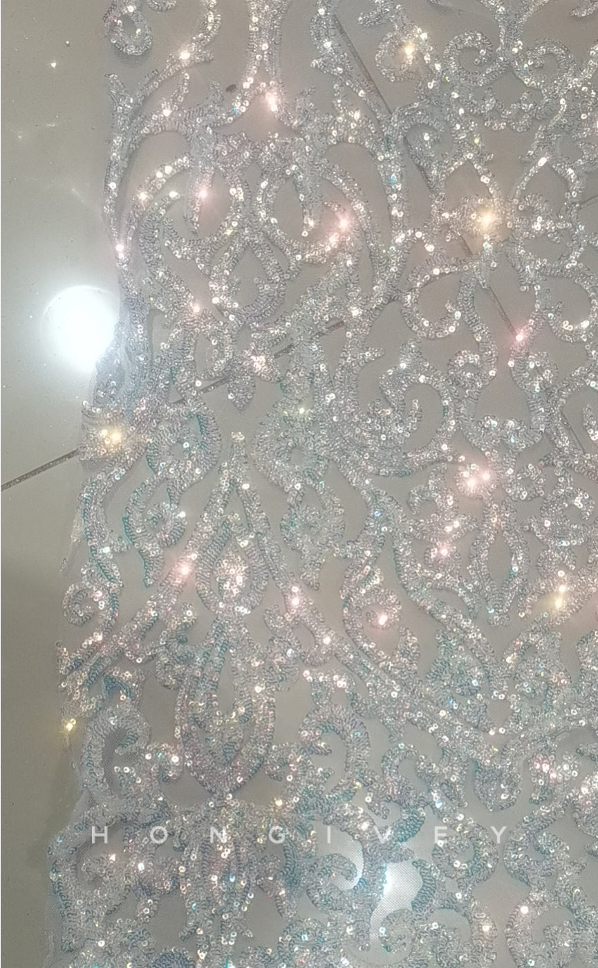 L1235 - Sparkly Sequined Embellished Plunging Illusion With Train Evening Prom Party Formal Dress - Fashionpara