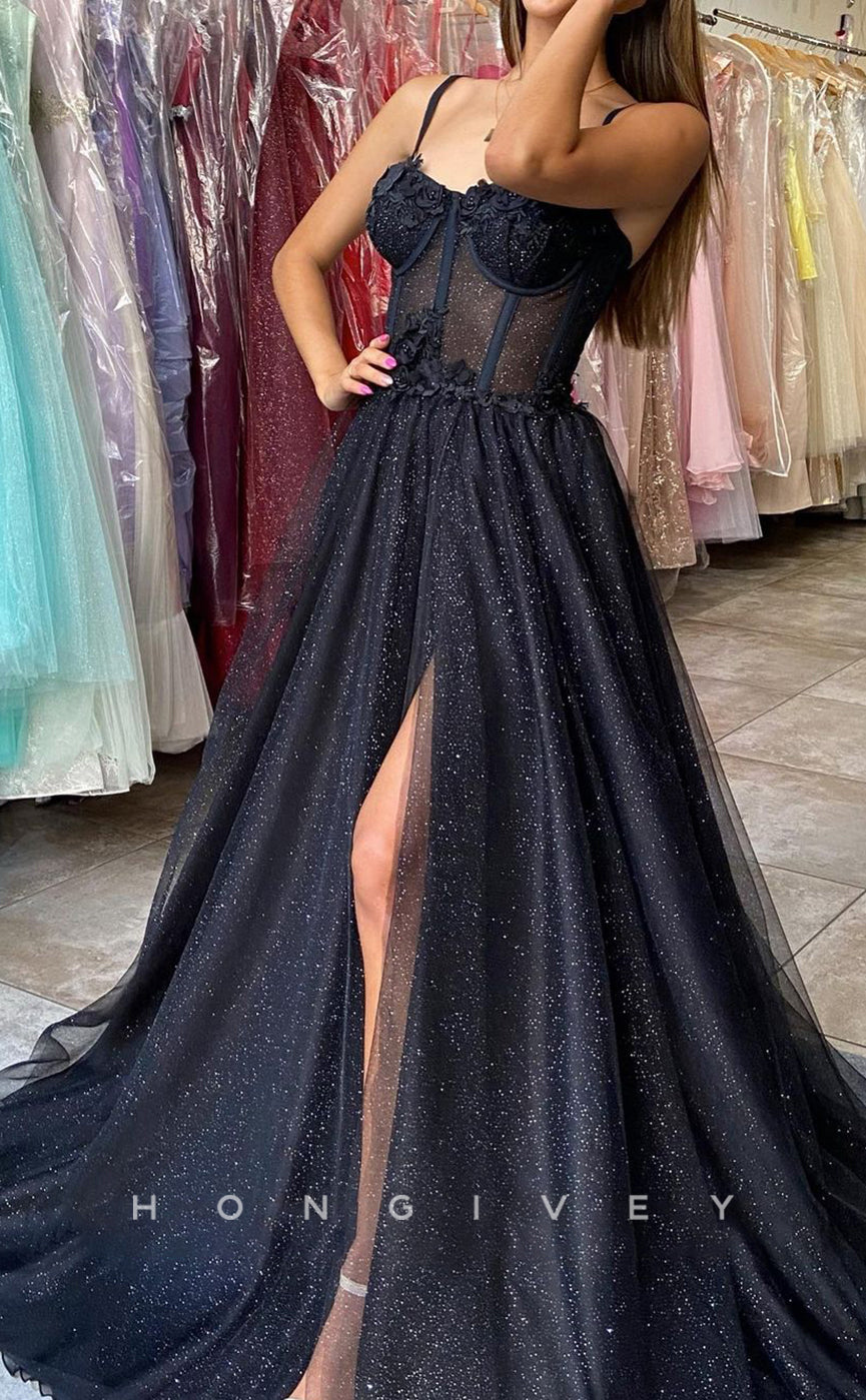 L1236 - Sparkly Floral Embroidered Illusion With Train And Slit Evening Party Formal Prom Dress - Fashionpara