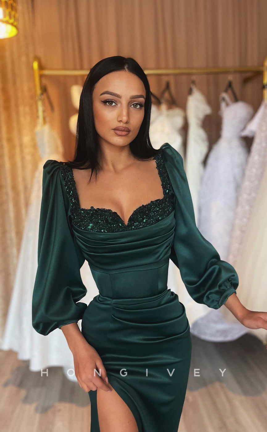 L1238 - Sequined Embellished Long Sleeves With Train And Slit Evening Party Formal Prom Dress - Fashionpara