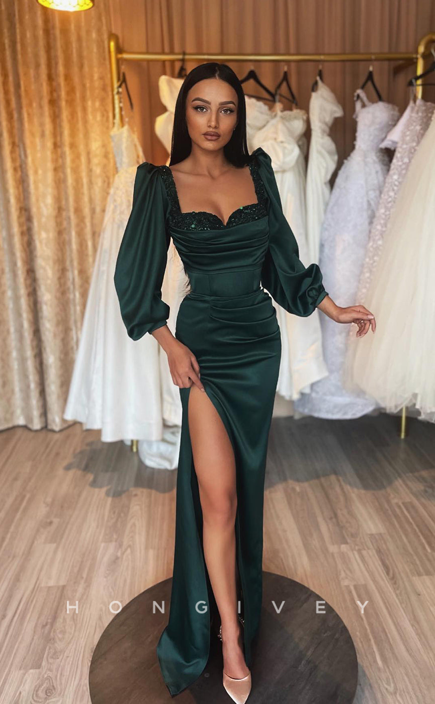 L1238 - Sequined Embellished Long Sleeves With Train And Slit Evening Party Formal Prom Dress - Fashionpara