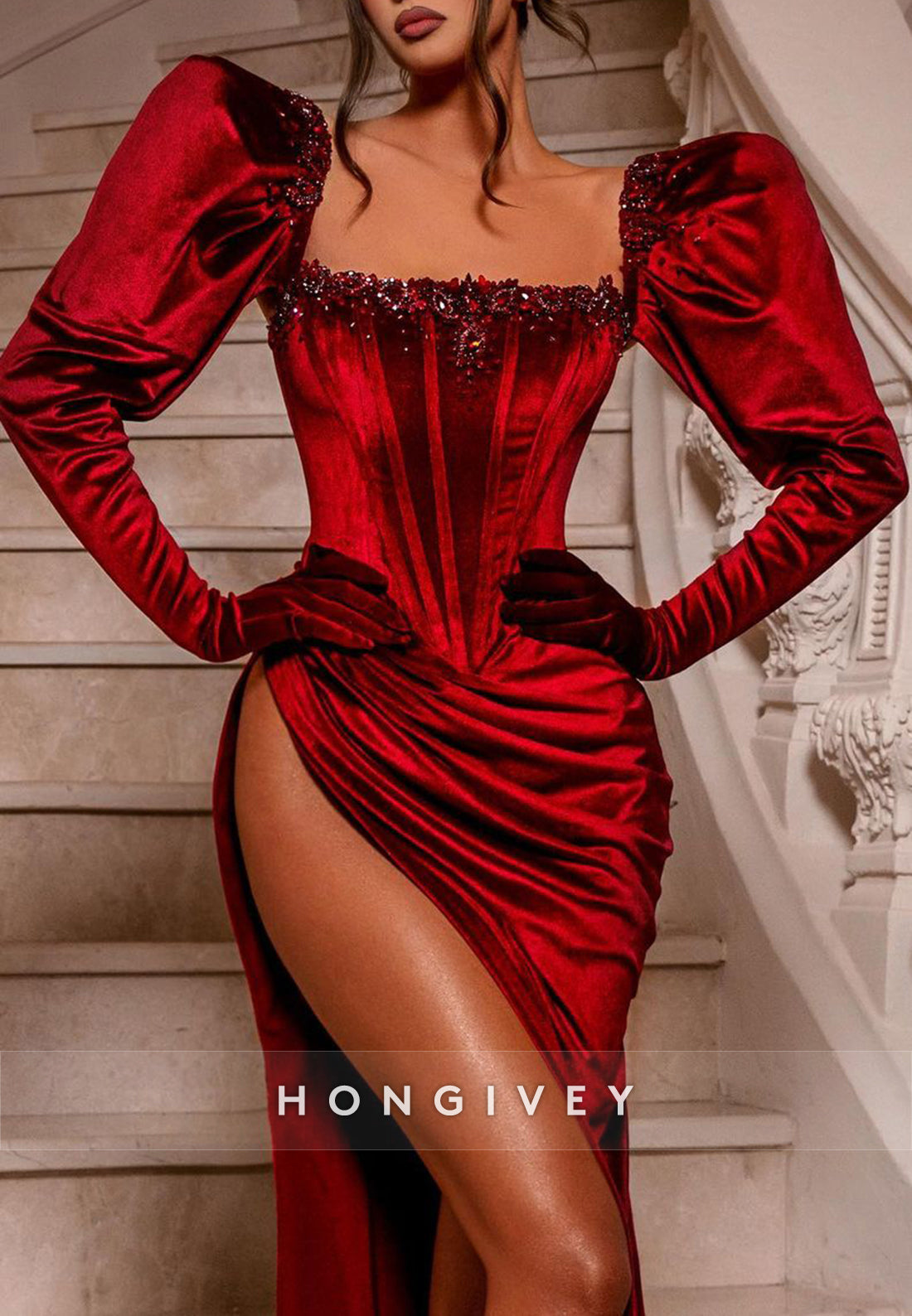 L1239 - Crystal Beaded Long Sleeves With Train And Slit Evening Formal Prom Party Dress - Fashionpara