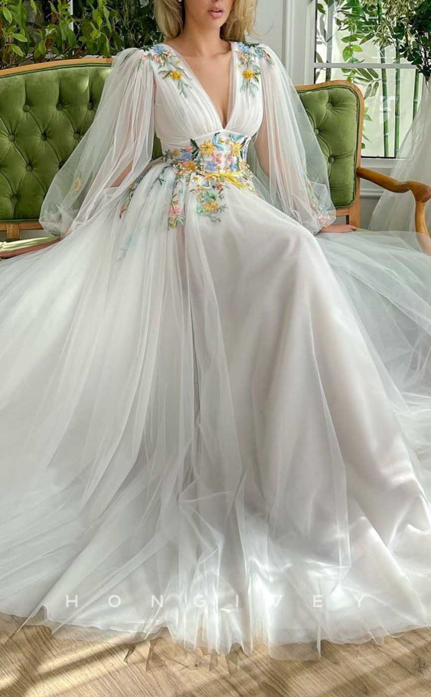 L2040 - Sexy Tulle A-Line V-Neck Long Sleeve Empire Appliques With Side Slit Party Prom Evening Dress - Fashionpara