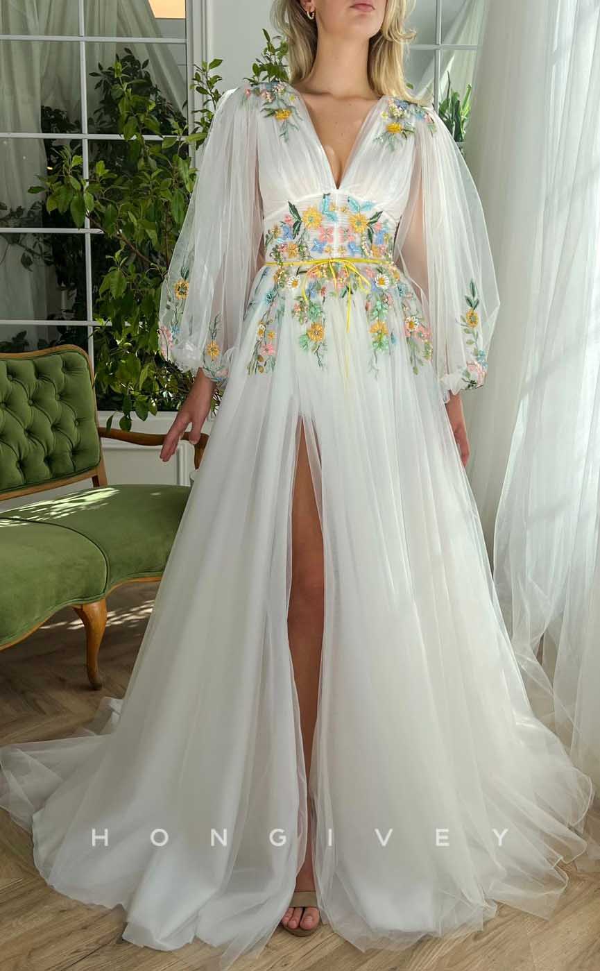 L2040 - Sexy Tulle A-Line V-Neck Long Sleeve Empire Appliques With Side Slit Party Prom Evening Dress - Fashionpara