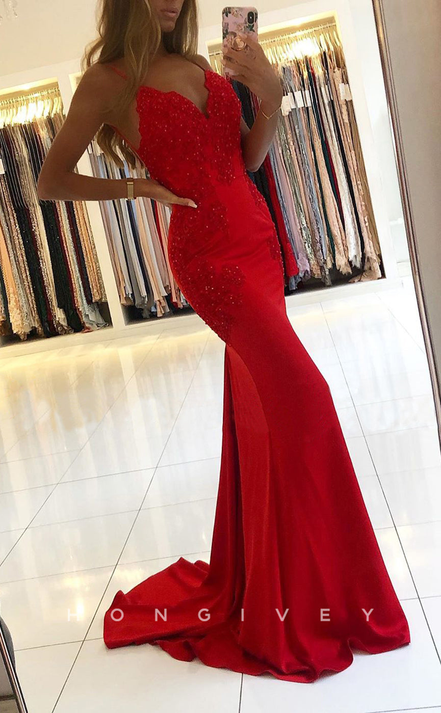 L1244 - Lace Embellished Open Back Mermaid With Train Evening Formal Party Prom Dress - Fashionpara