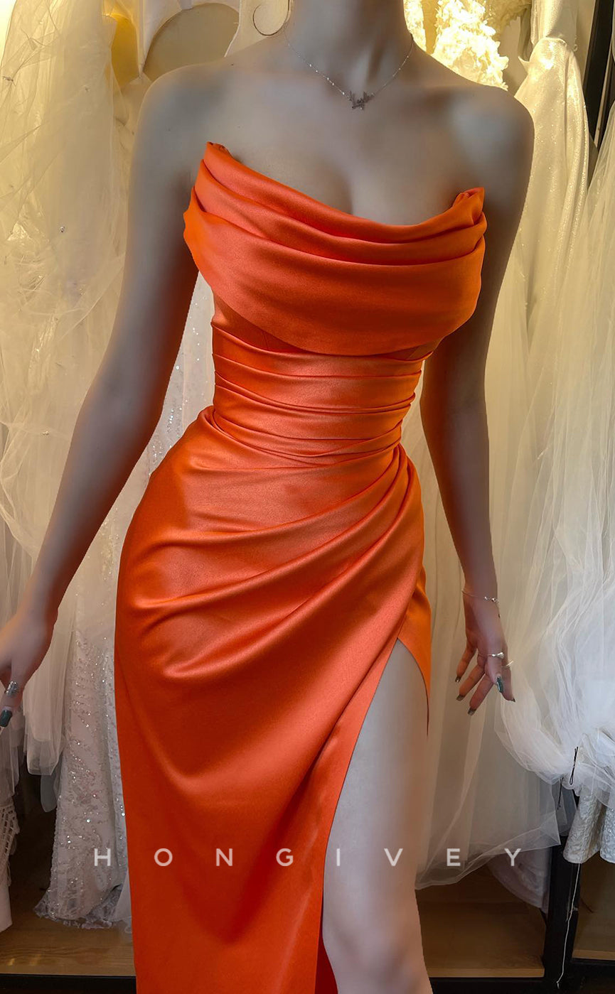 L1245 - Simple Ruched Strapless With Slit Evening Party Prom Formal Dress - Fashionpara