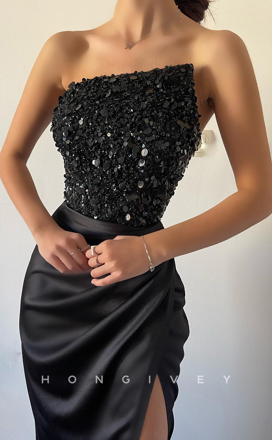 L1247 - Sequined Embellished Ruched Strapless With Slit Prom Formal Party Evening Dress - Fashionpara