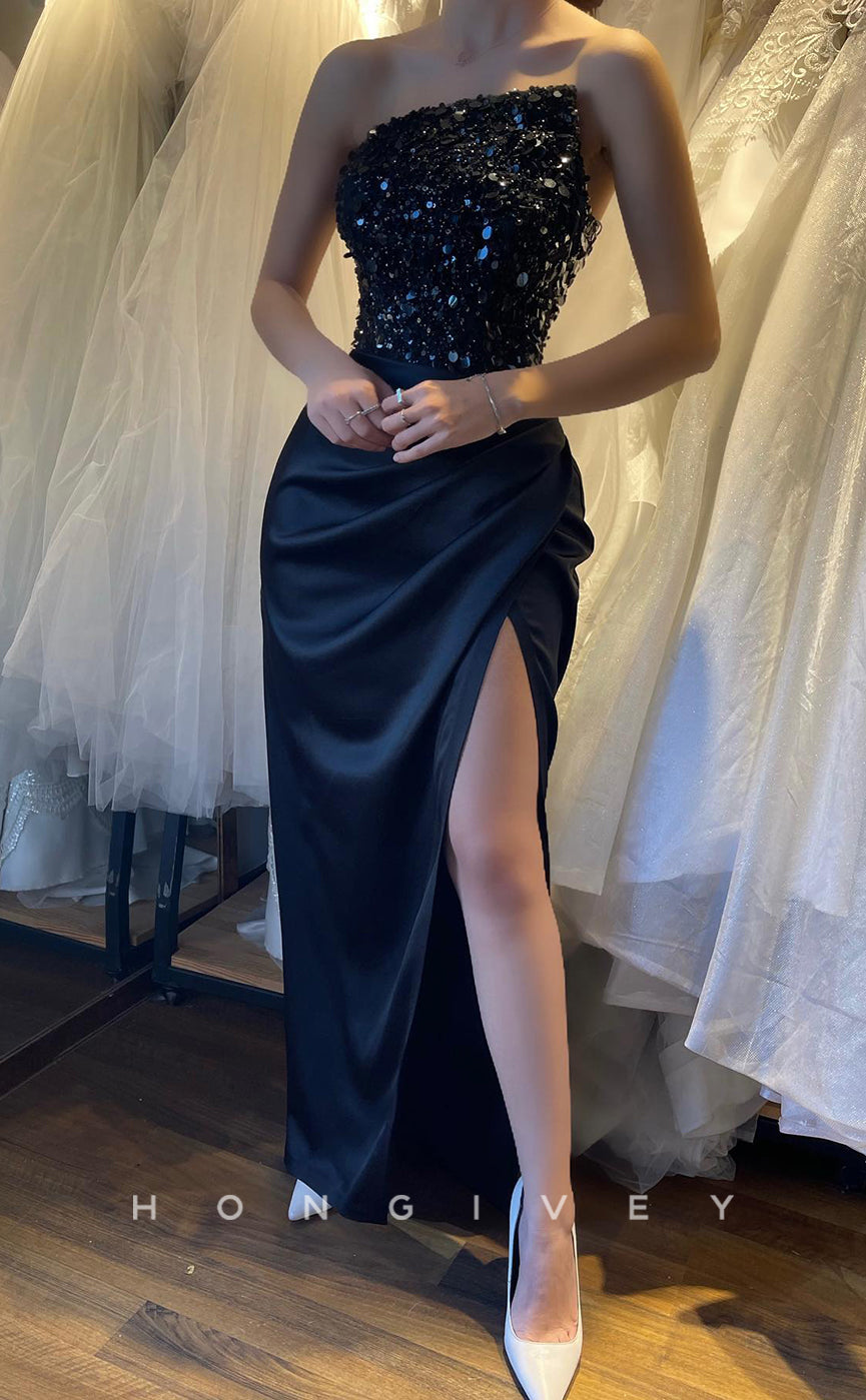 L1247 - Sequined Embellished Ruched Strapless With Slit Prom Formal Party Evening Dress - Fashionpara