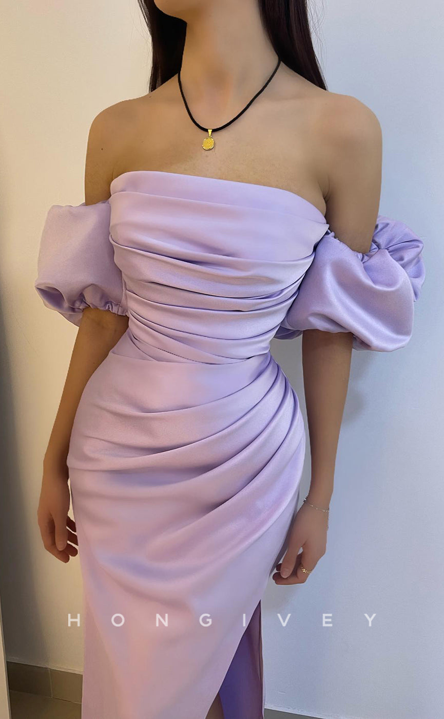 L1248 - Puff Sleeves Lace-Up Back Ruched With Slit Formal Party Evening Prom Dress - Fashionpara