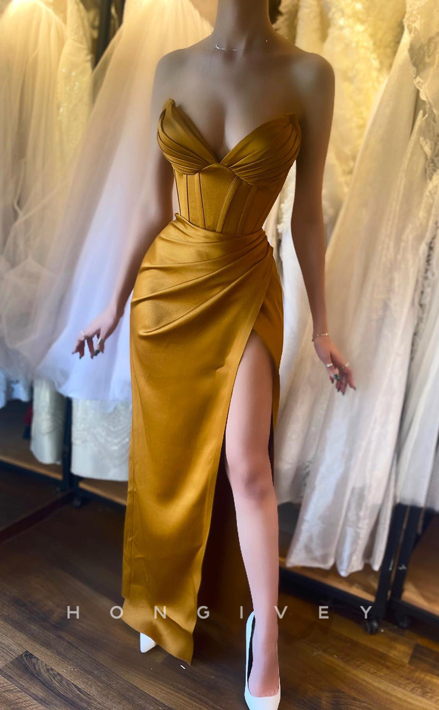 L1256 - Sexy Simple Ruched Strapless With Slit Party Evening Prom Formal Dress - Fashionpara