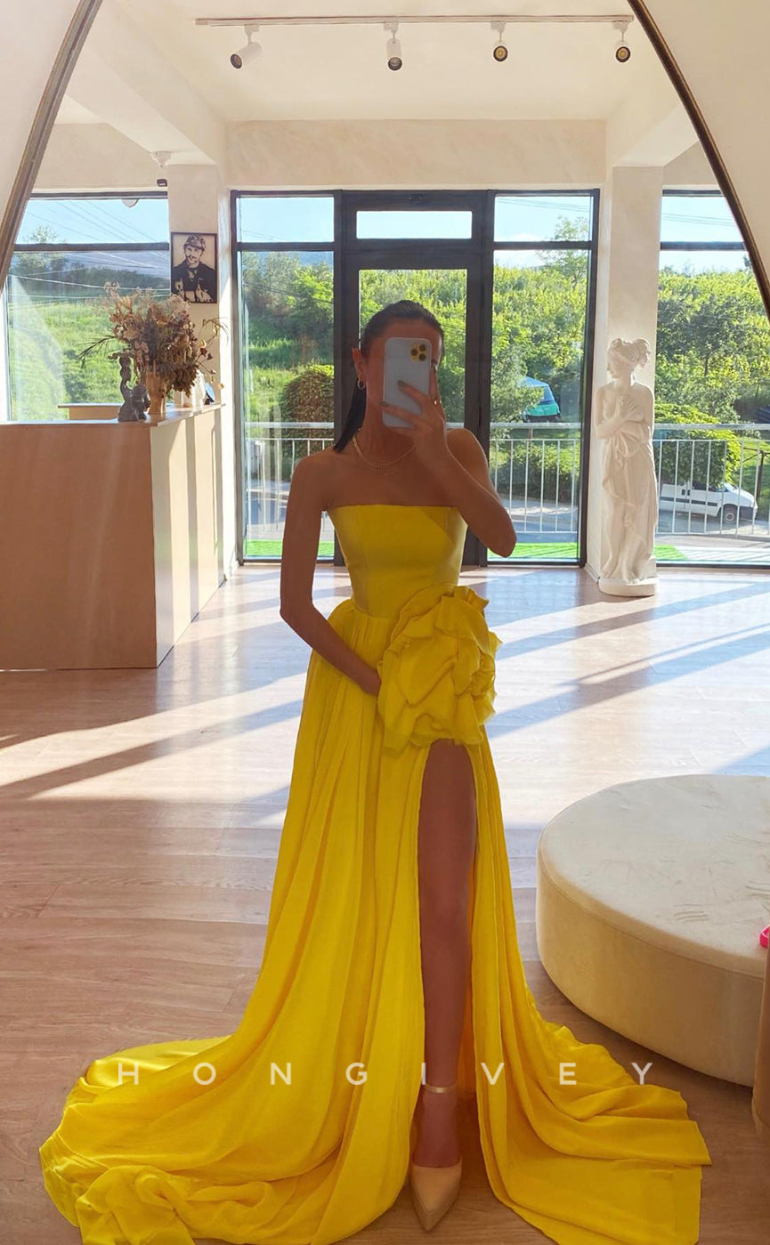 L1259 - Sweet Strapless Floral Embellished With Train And Slit Evening Prom Formal Party Dress - Fashionpara