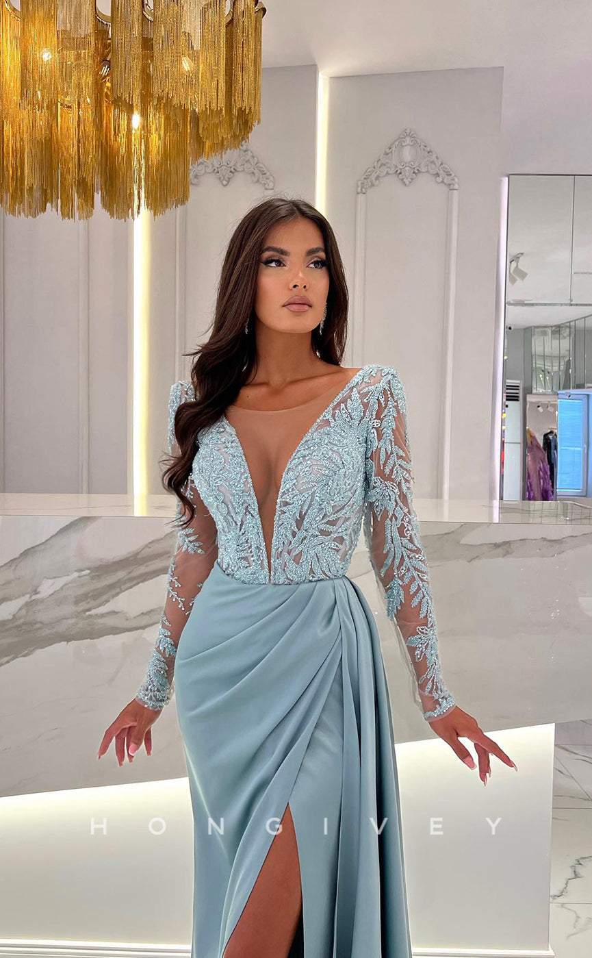 L1260 - Sequined Lace Illusion Long V-Neck With Train And Slit Evening Prom Formal Party Dress - Fashionpara