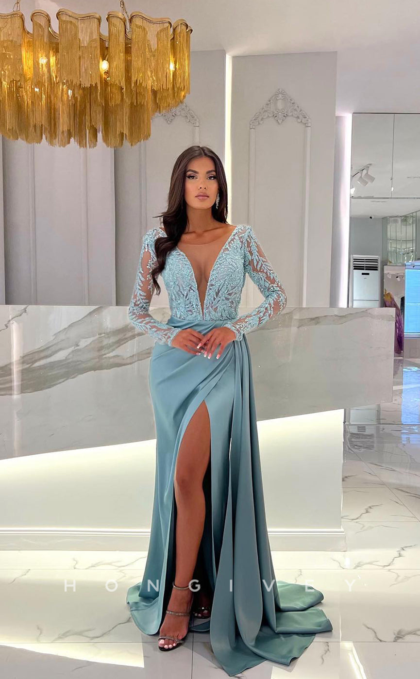 L1260 - Sequined Lace Illusion Long V-Neck With Train And Slit Evening Prom Formal Party Dress - Fashionpara