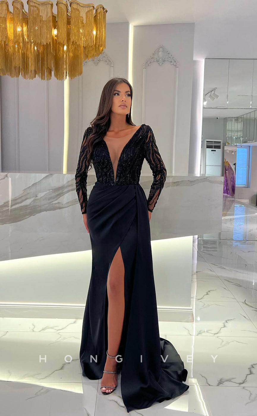 L1260 - Sequined Lace Illusion Long V-Neck With Train And Slit Evening Prom Formal Party Dress - Fashionpara