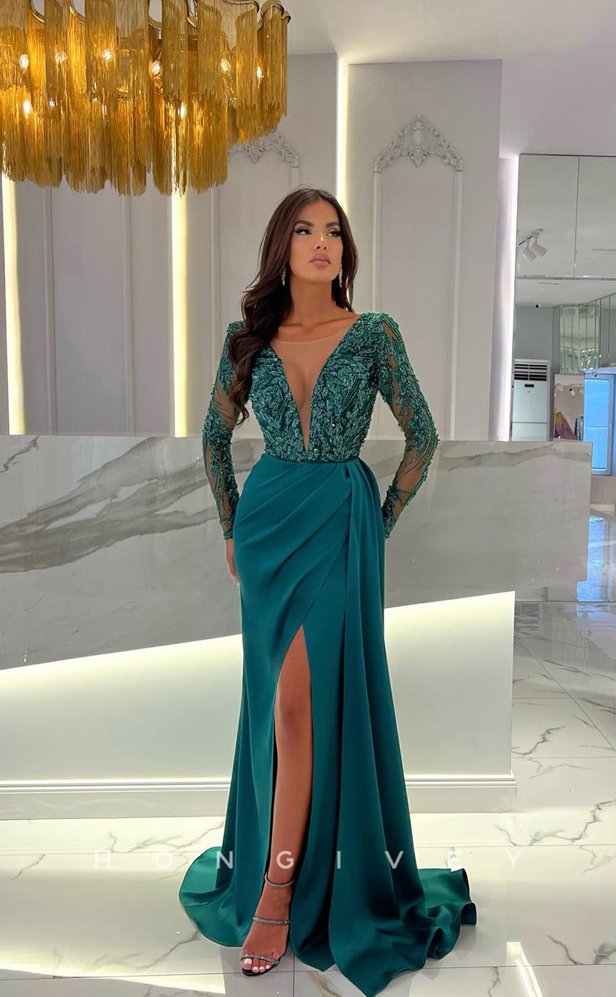 L1260 - Sequined Lace Illusion Long V-Neck With Train And Slit Evening Prom Formal Party Dress - Fashionpara