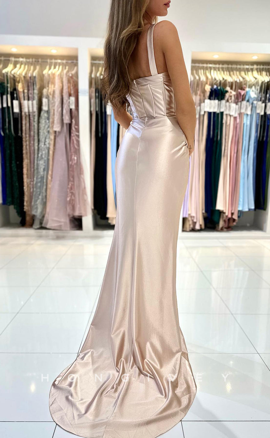 L1262 - Simple Ruched With Train And Slit Party Evening Prom Formal Dress - Fashionpara