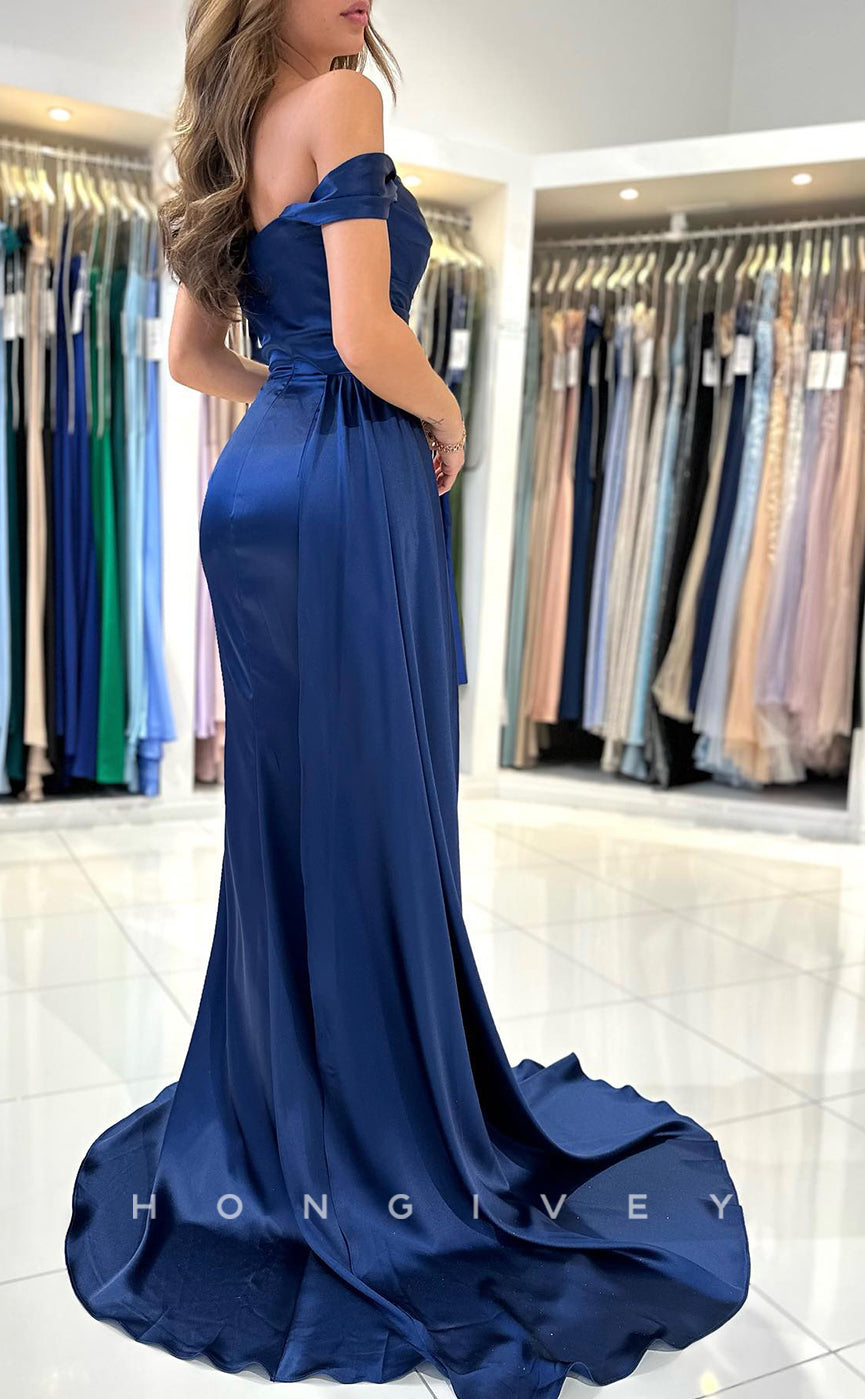L1263 - Courture Simple Ruched With Train And Slit Evening Prom Formal Party Dress - Fashionpara