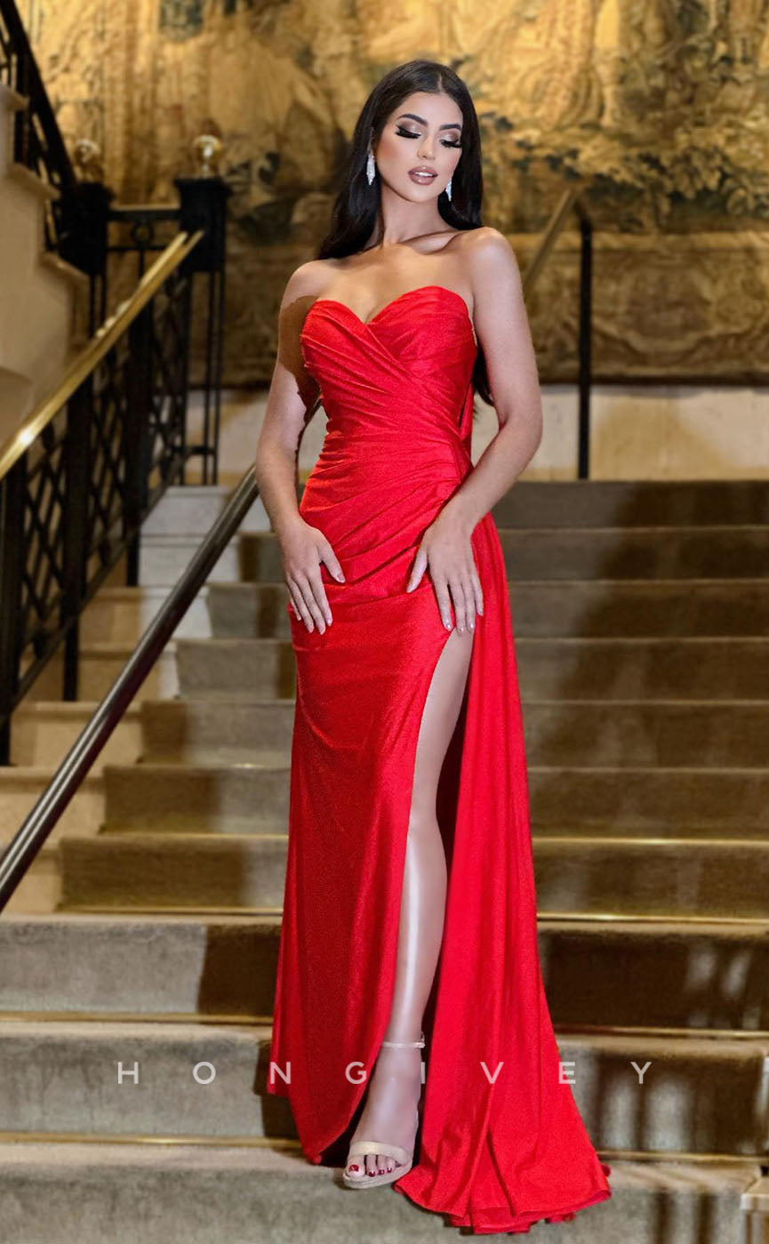 L1278 - Simple Strapless Ruched With Train And Slit Formal Party Evening Prom Dress - Fashionpara