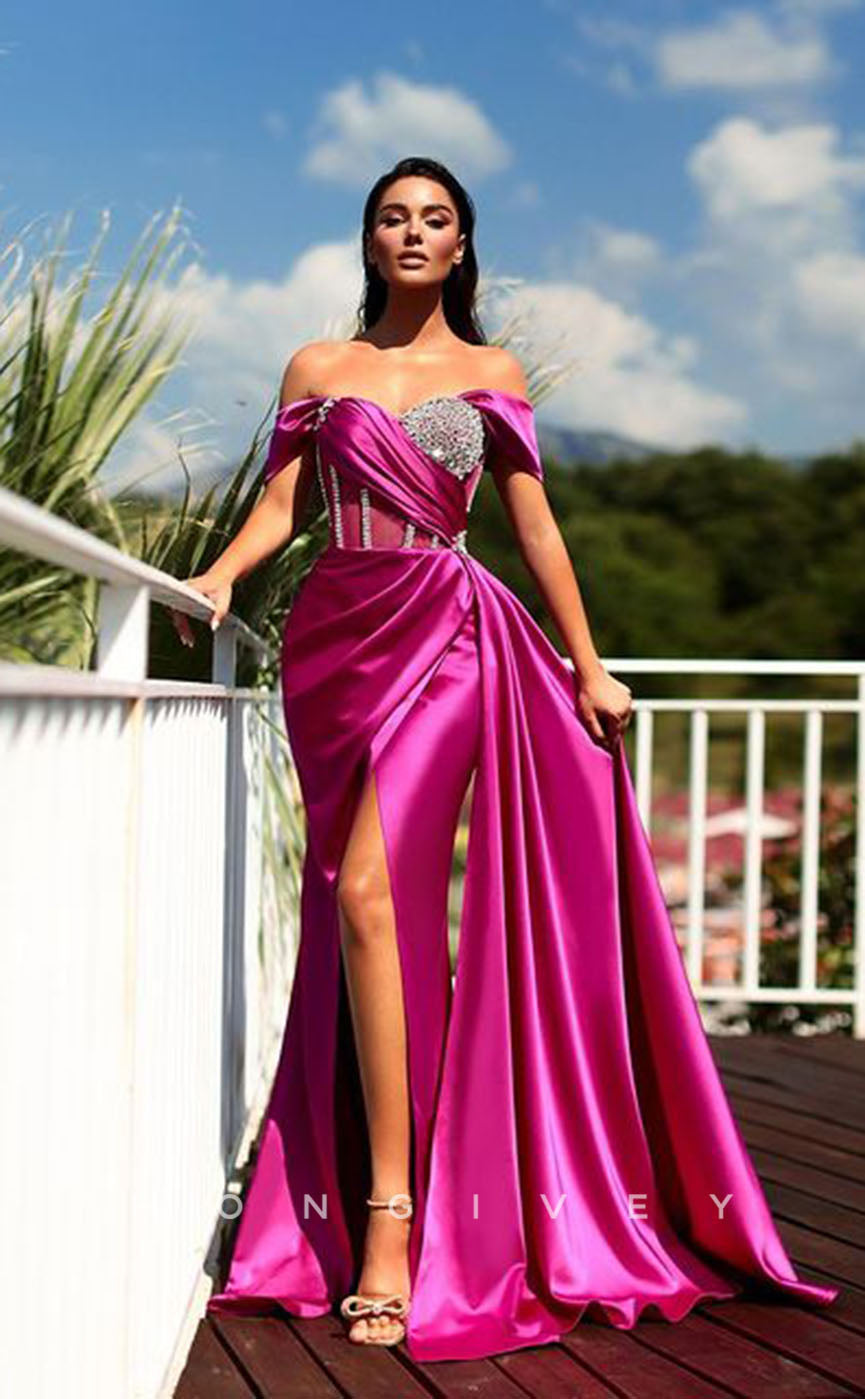 L1295 - Crystal Beaded Ruched With Train And Slit Evening Formal Party Prom Dress - Fashionpara