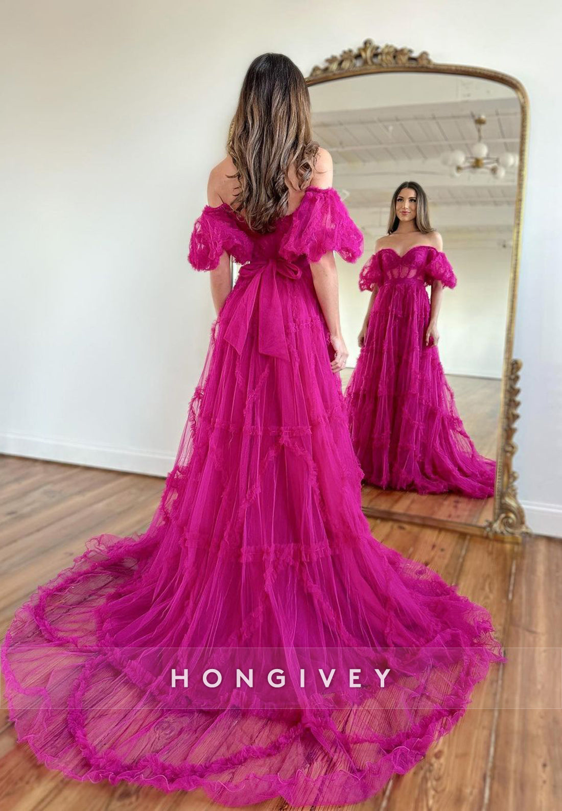L1304 - Hot Sweetheart Puff Sleeves Gown Bowknot Sash Gown Prom Formal Party Evening Dress - Fashionpara