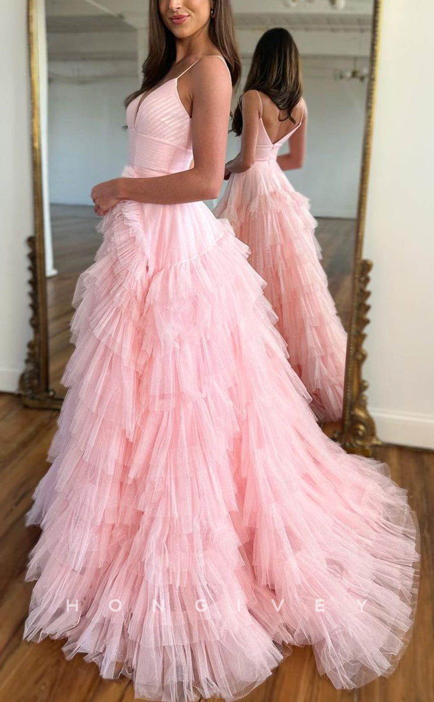 L1305 - Ornate V-Neck Spaghetti Straps Tiered Lace Prom Formal Party Evening Dress - Fashionpara