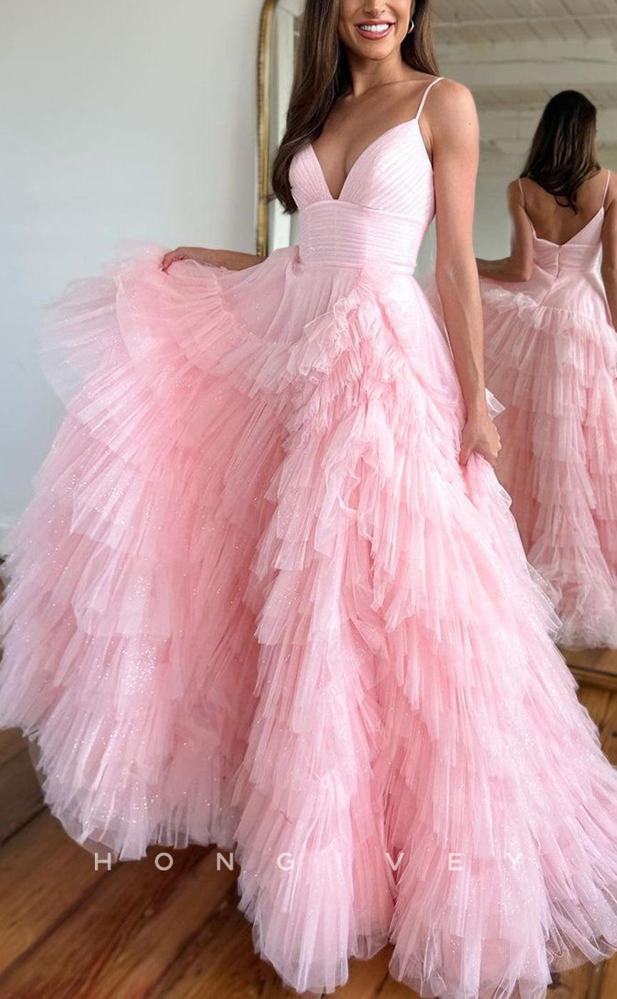 L1305 - Ornate V-Neck Spaghetti Straps Tiered Lace Prom Formal Party Evening Dress - Fashionpara