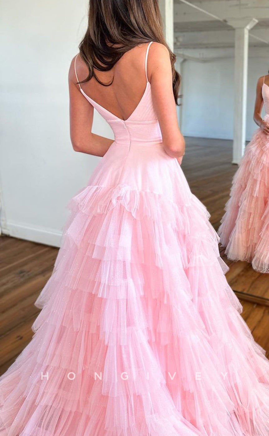 L1305 - Ornate V-Neck Spaghetti Straps Tiered Lace Prom Formal Party Evening Dress - Fashionpara