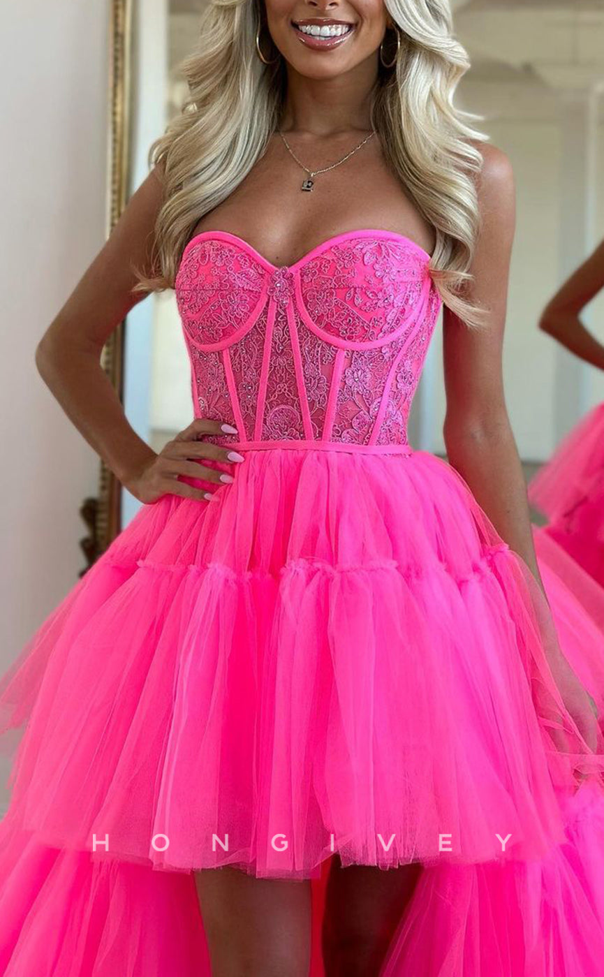 L1306 - Sweet Strapless Sweetheart Illusion Cutout High Low Prom Formal Party Evening Dress - Fashionpara