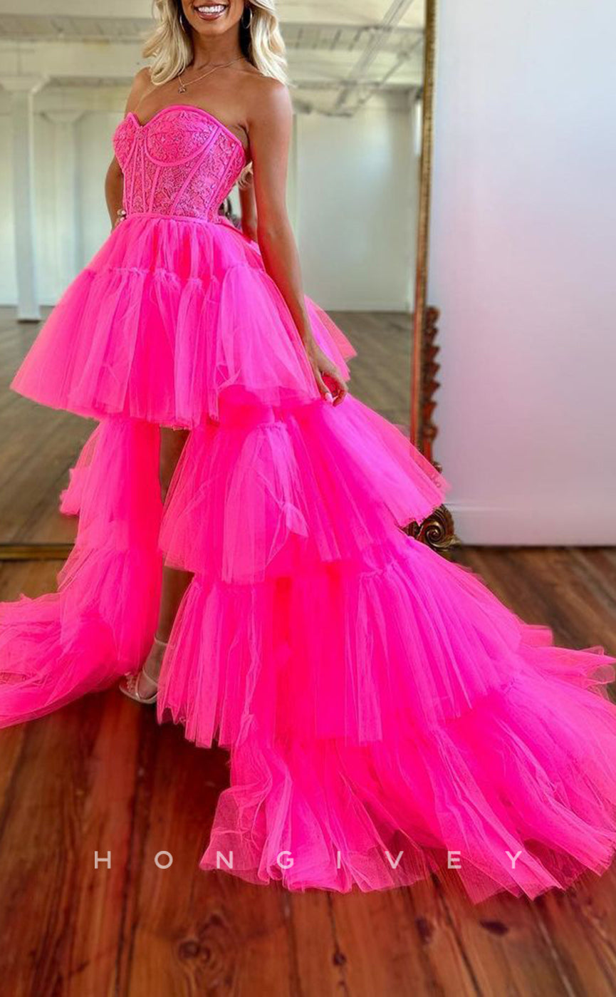L1306 - Sweet Strapless Sweetheart Illusion Cutout High Low Prom Formal Party Evening Dress - Fashionpara