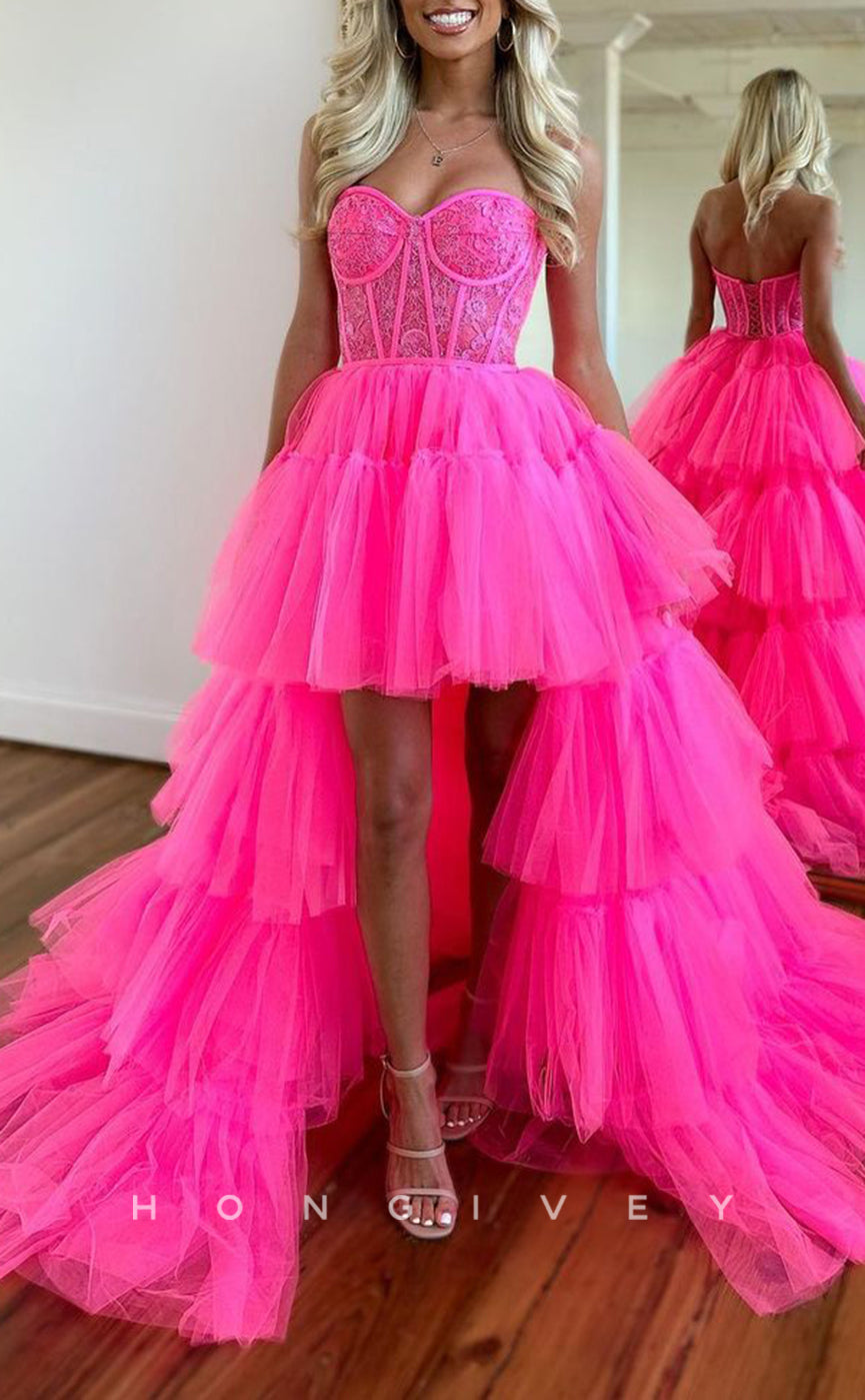 L1306 - Sweet Strapless Sweetheart Illusion Cutout High Low Prom Formal Party Evening Dress - Fashionpara