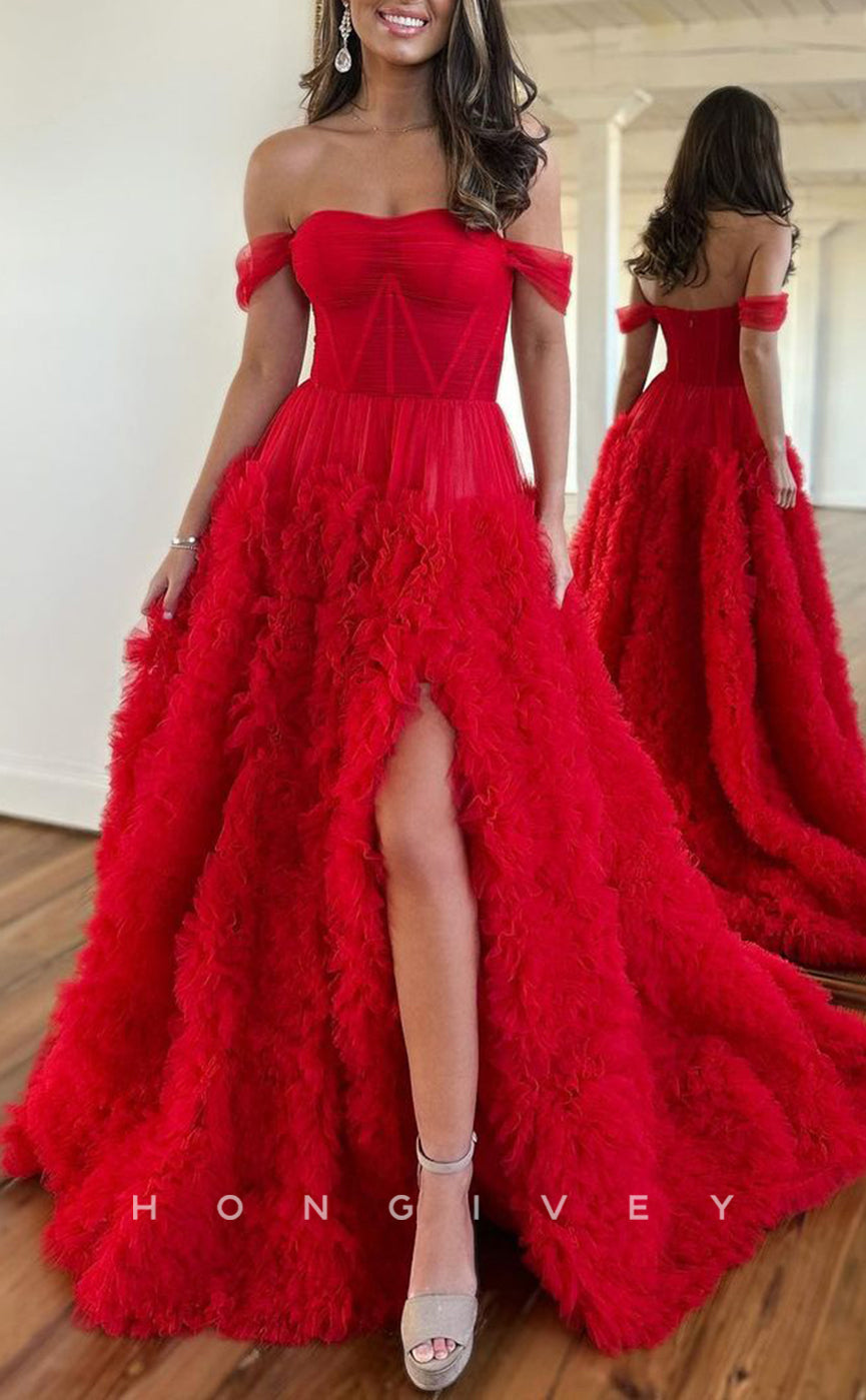 L1307 - Sexy Empire Off-Shoulder With Side Slit Sweep TrainProm Formal Party Evening Dress - Fashionpara