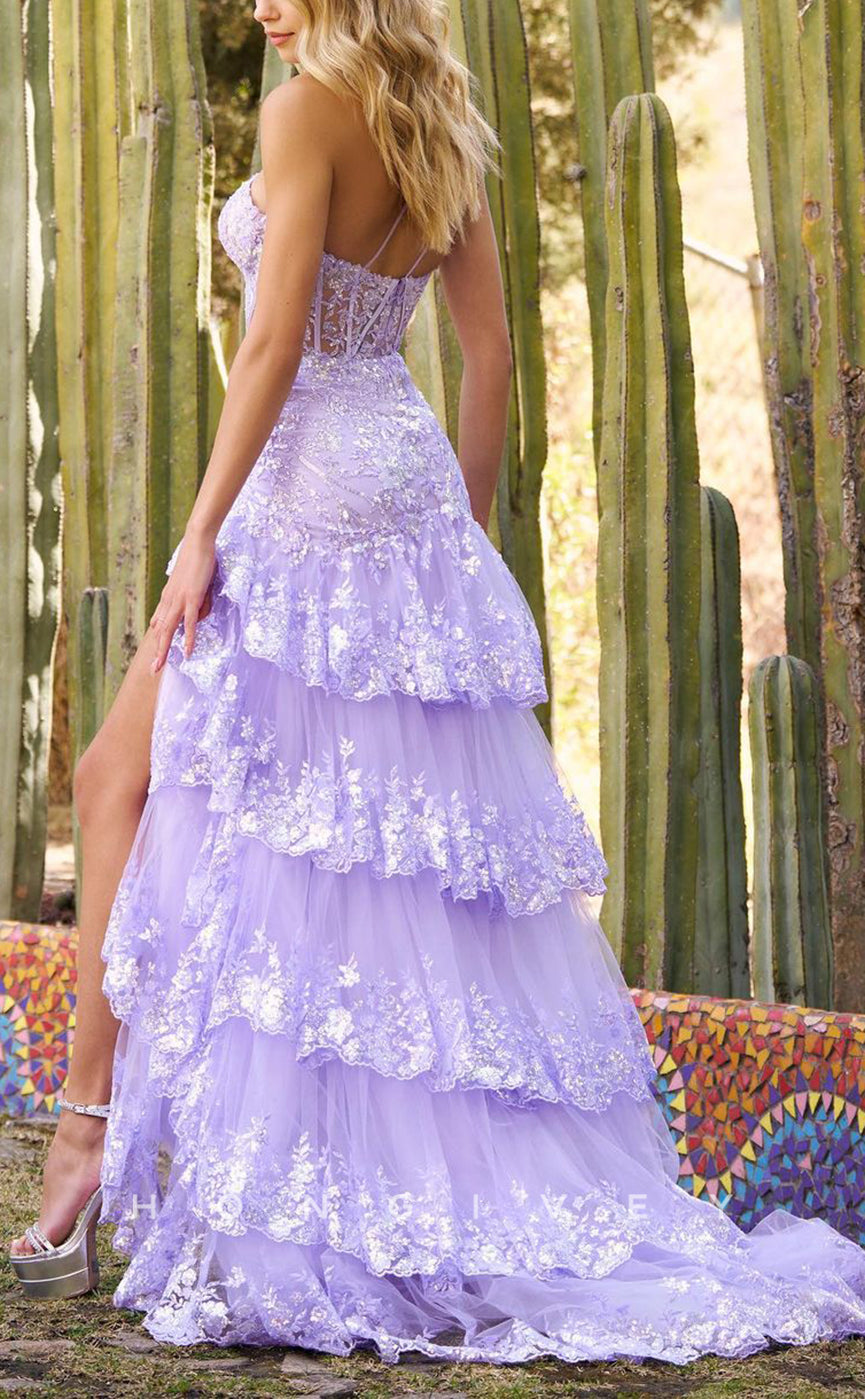 L1308 - Lace One Shoulder Illusion Cutout With Side Slit Tiered Long Prom Formal Party Evening Dress - Fashionpara