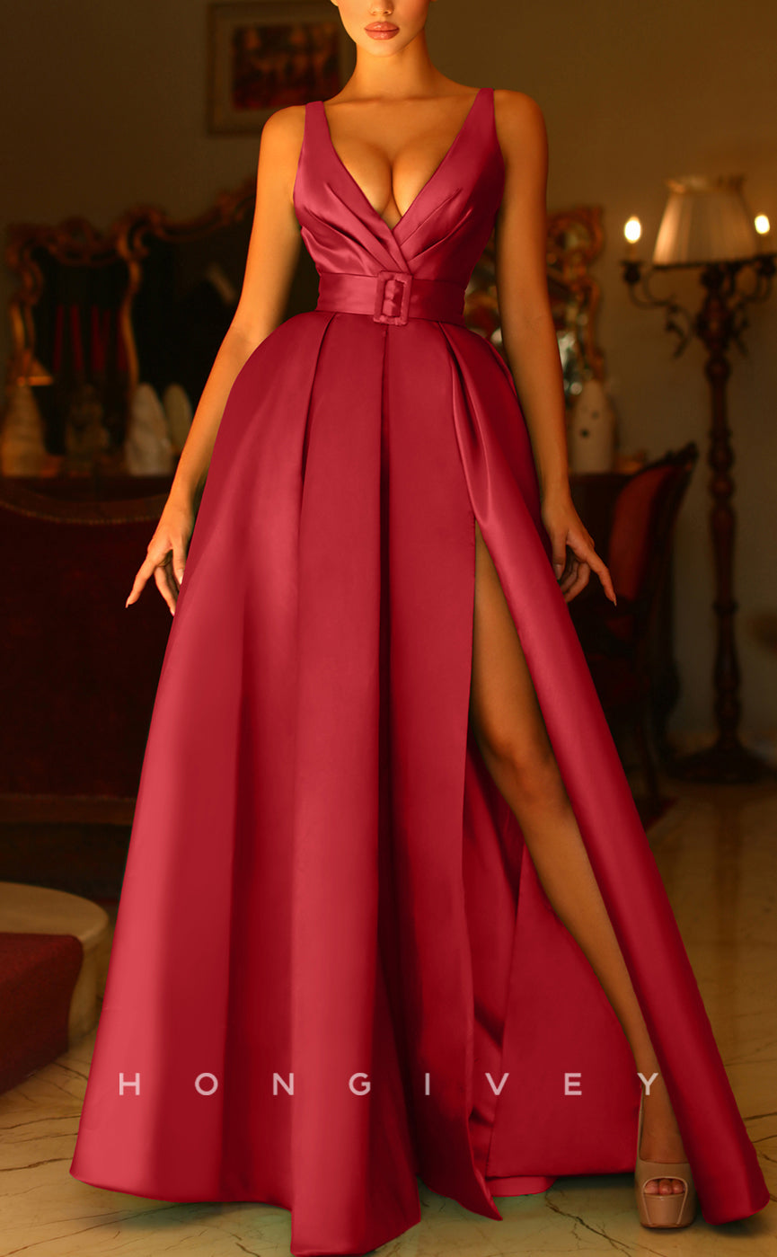 L1318 - Elegant & Luxurious Empire V-Neck Open Back With Side Slit Evening Prom Dress - Fashionpara